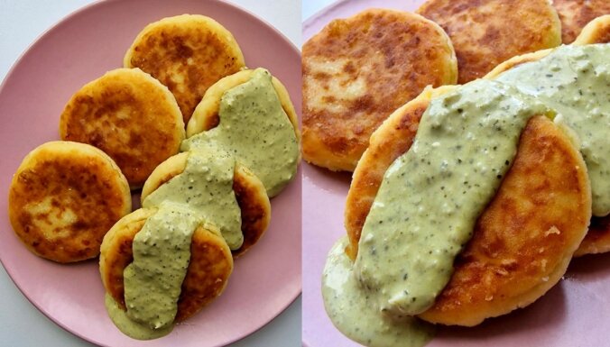 Sāļie biezpiena plācenīši ar krējuma un pesto mērci