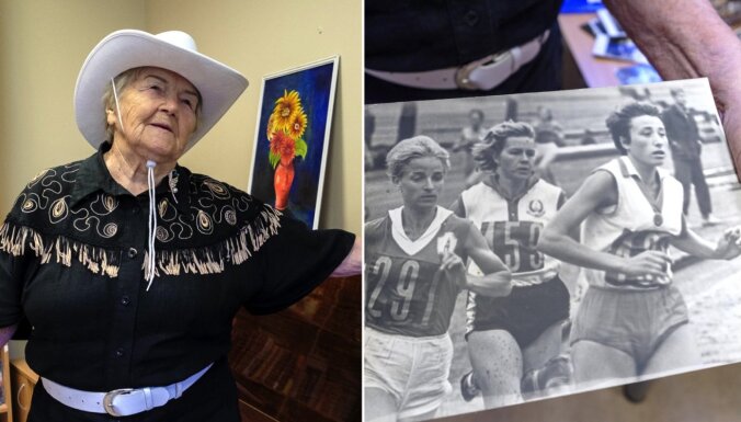 Sporta meistare vieglatlētikā Aina Alksne 92 gadu vecumā citām dāmām māca līnijdejas