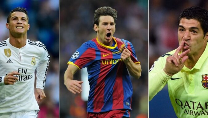 Uz Eiropas labākā futbolista balvu pretendē Ronaldu, Mesi un Suaress
