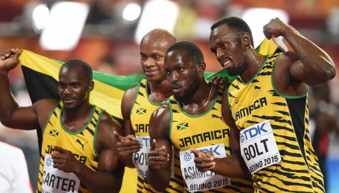 The Jamaican relay team (L-R) Nesta Carter, Asafa Powell, Nickel Ashmeade and Usain Bolt
