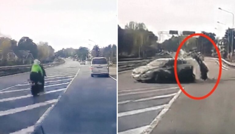 Video: Baltezerā motociklists apdzīšanas laikā ietriecas 'Volvo' sānos