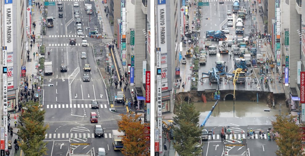 Как они это делают? В Японии за пару дней "убрали" гигантский провал посреди улицы