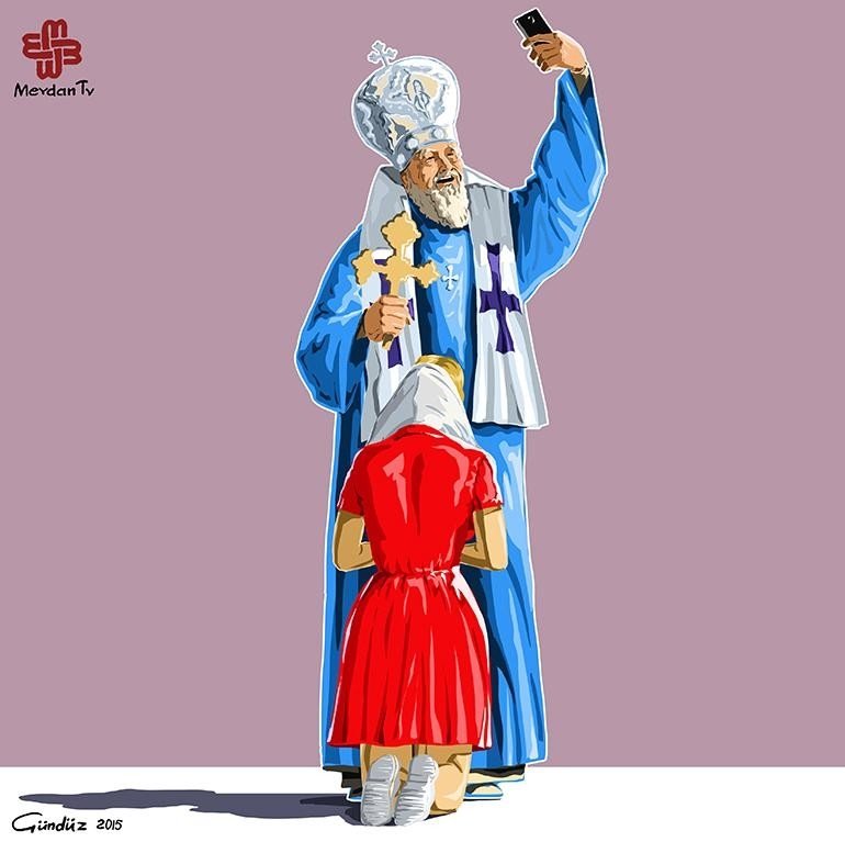 Svētie selfiji: satīriskas karikatūras par reliģisko fanātismu