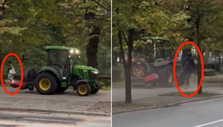 Video: Pa ietvi Rīgā traktorists brauc ātri un gružus pūš garāmgājējiem